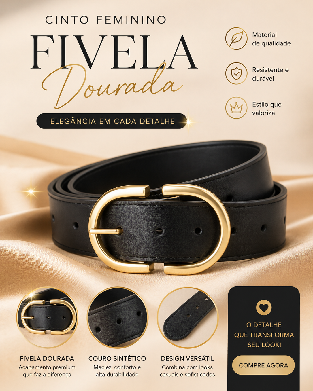 Cinto Feminino Blogueira Fivela Invertida da Moda - Preto