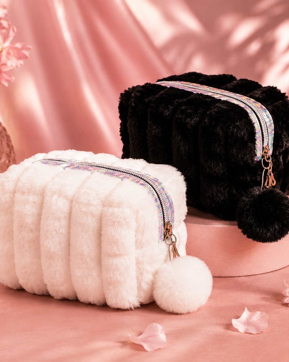 Nécessaire de Pelúcia com Pompom — Preta ou Branca
