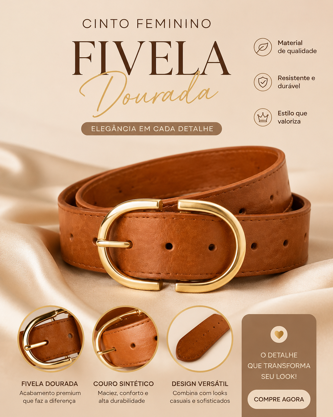 Cinto Feminino Blogueira Fivela Invertida da Moda - Caramelo