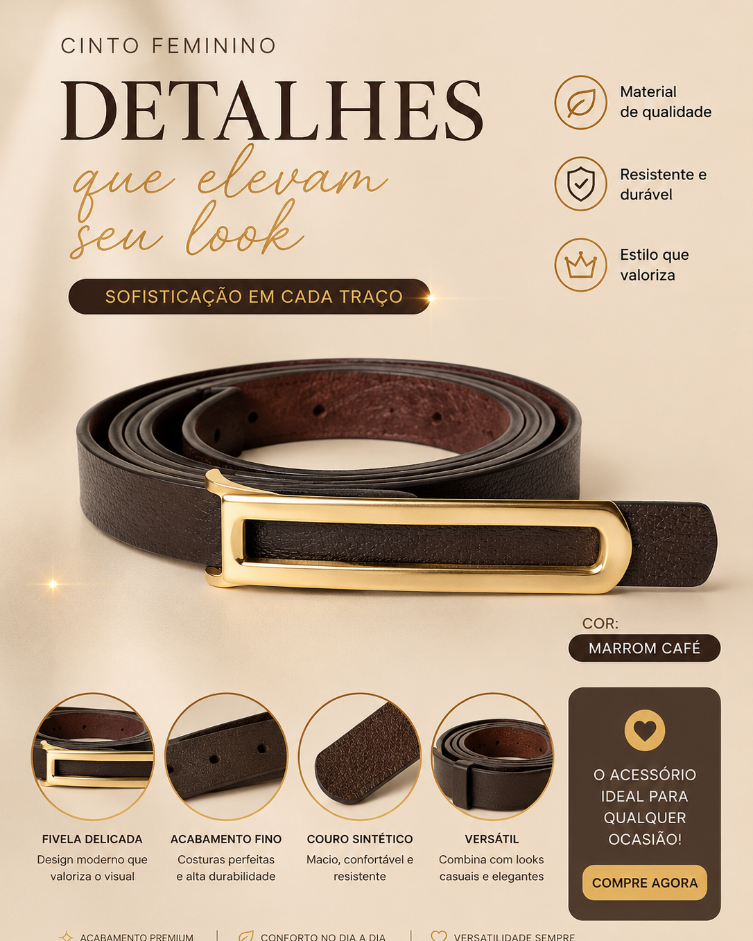 Cinto Feminino fino da Moda - Café