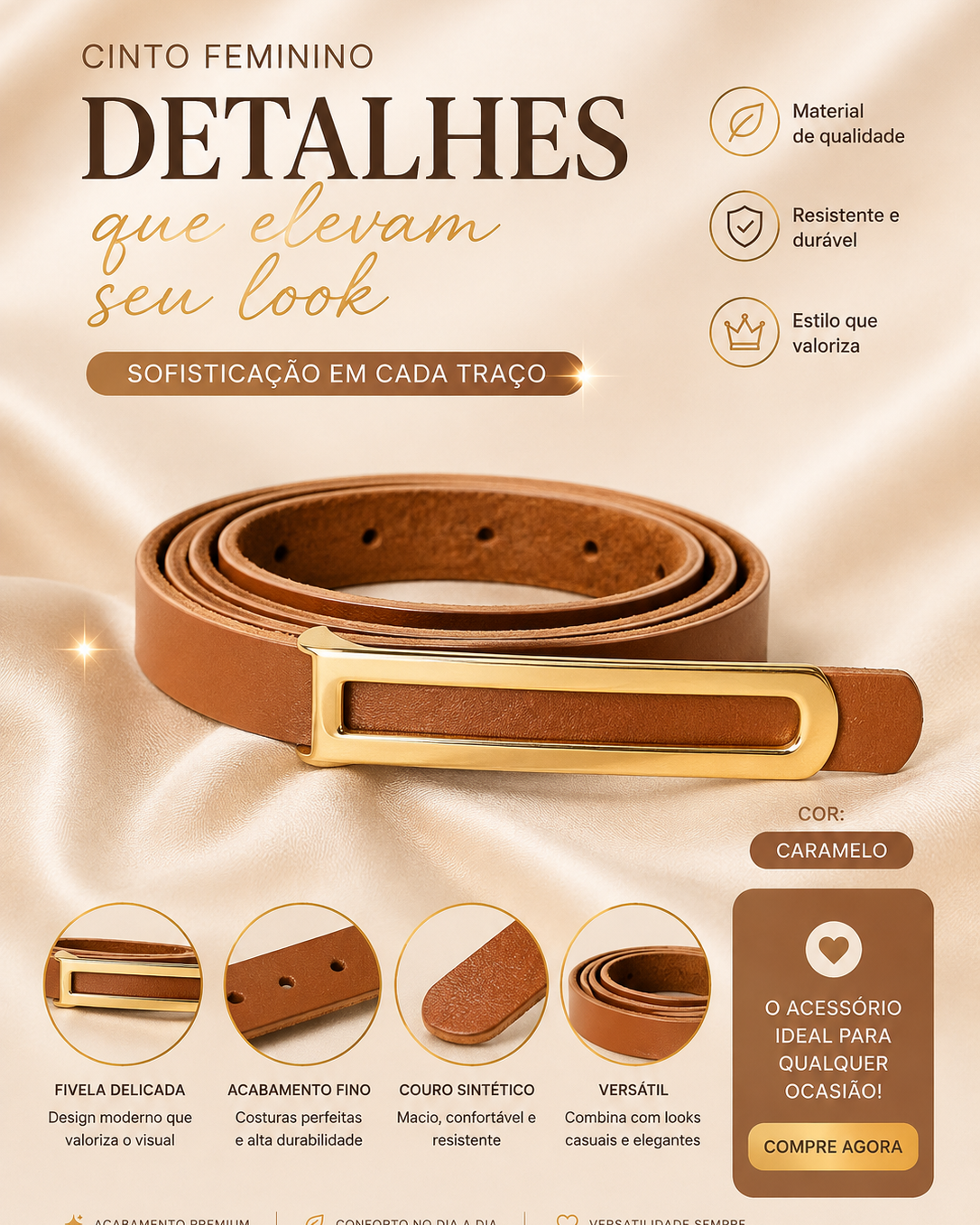 Cinto Feminino fino da Moda - Caramelo