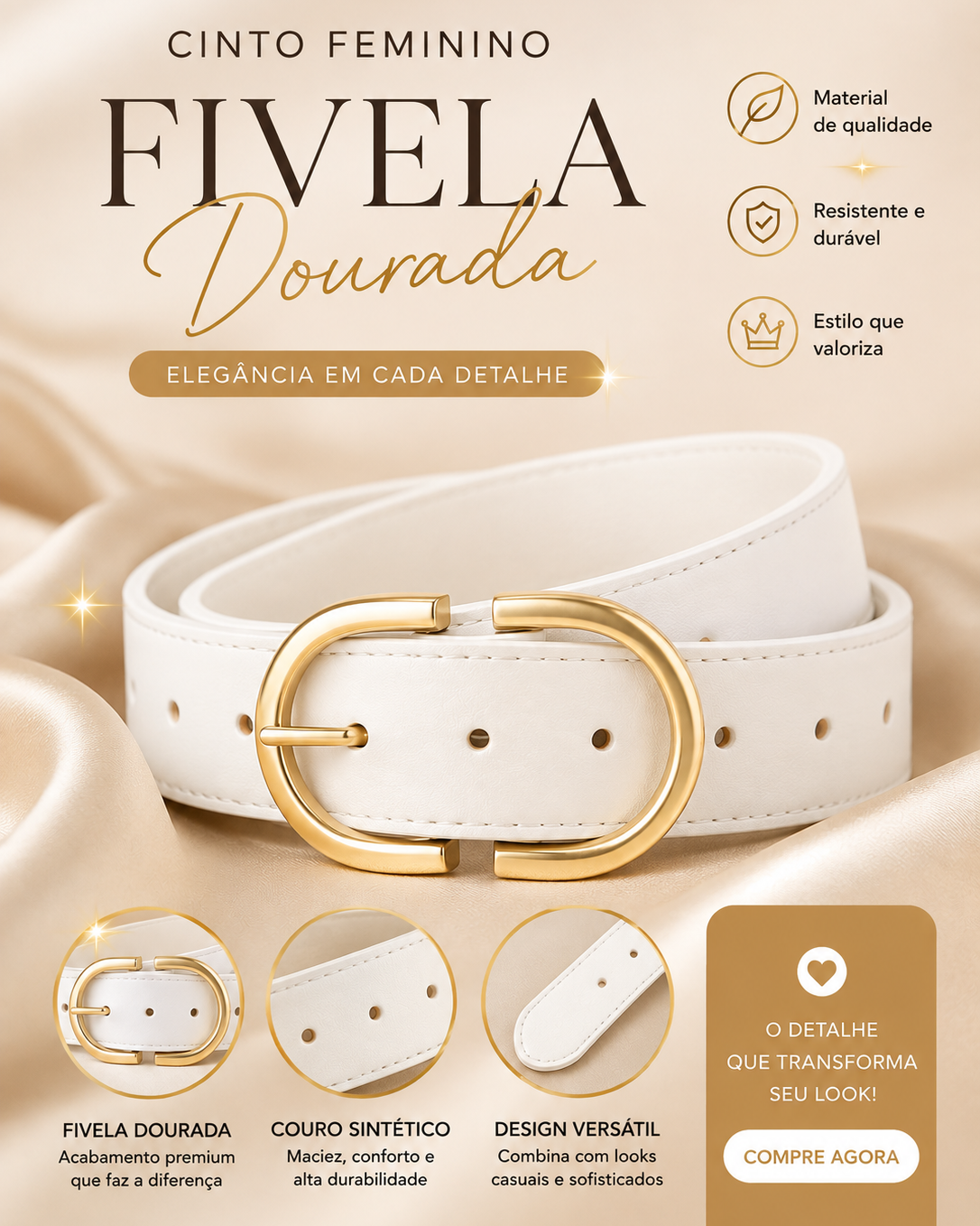 Cinto Feminino Blogueira Fivela Invertida da Moda - Branco