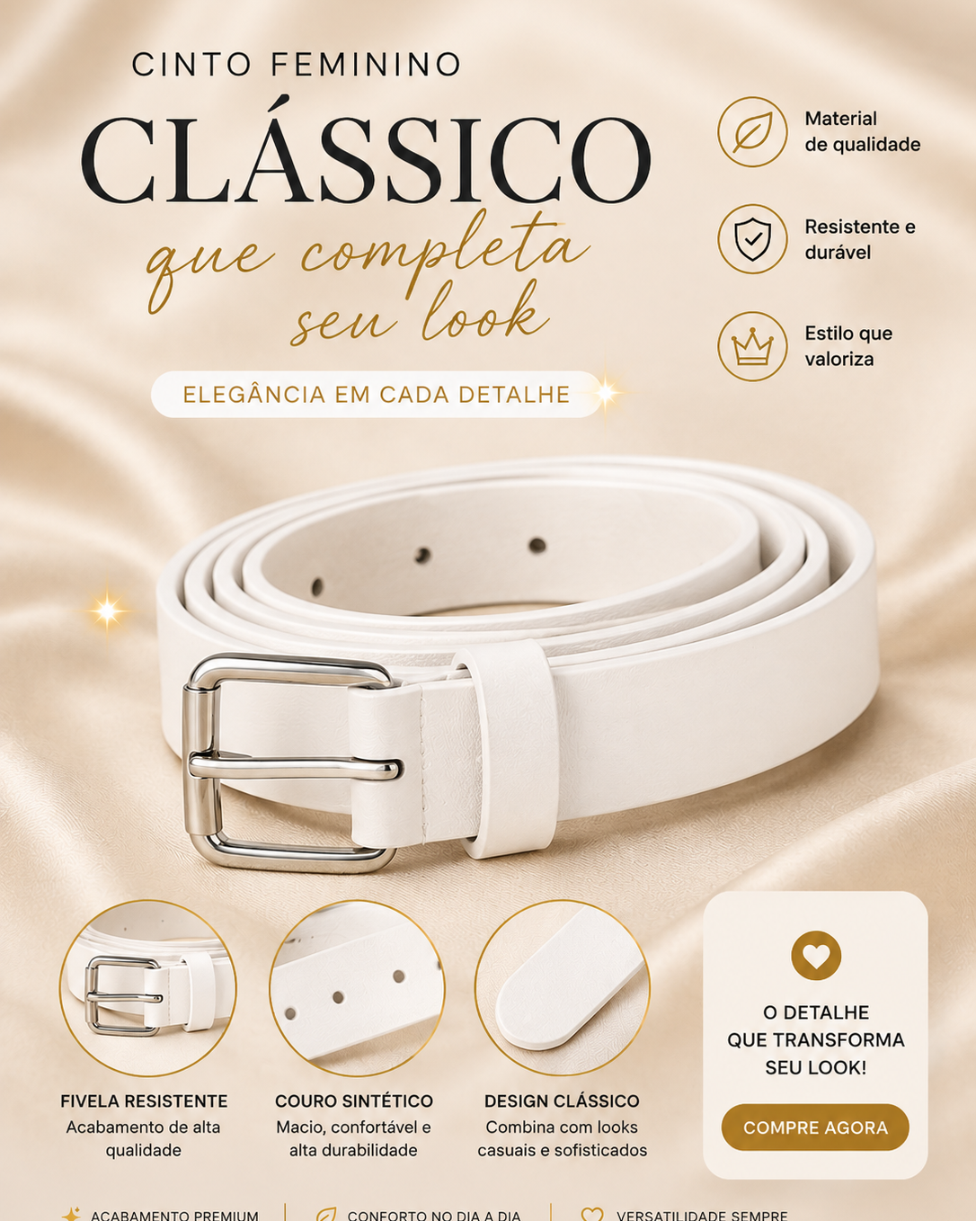 Cinto Feminino da Moda Blogueira 2026 Grosso Fivela Prata - Branco