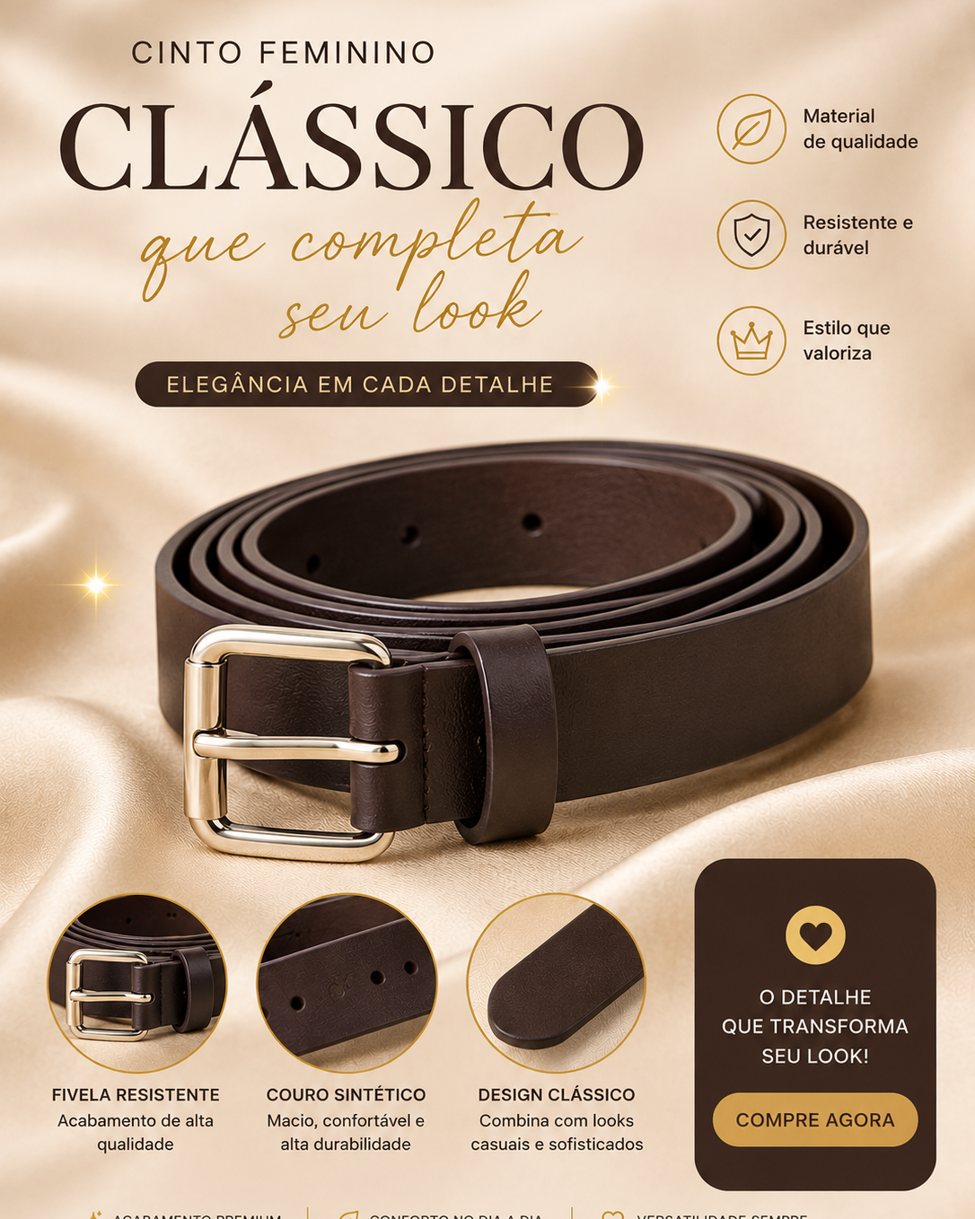 Cinto Feminino da Moda Blogueira 2026 Grosso Fivela Prata - Café