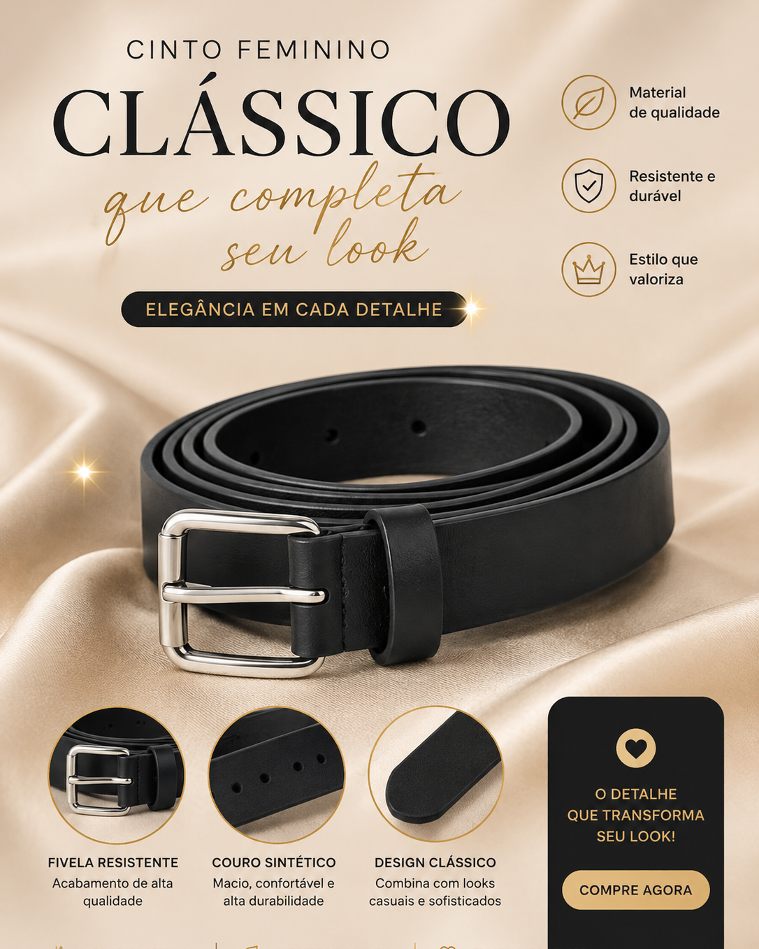 Cinto Feminino da Moda Blogueira 2026 Grosso Fivela Prata - Preto