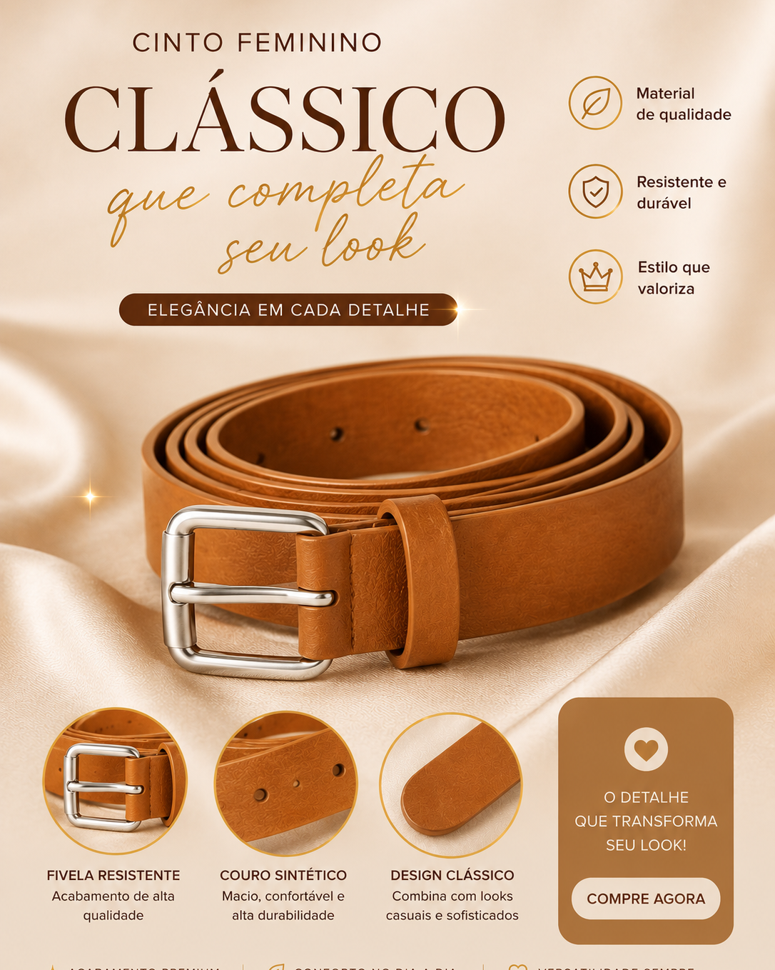 Cinto Feminino da Moda Blogueira 2026 Grosso Fivela Prata - Caramelo